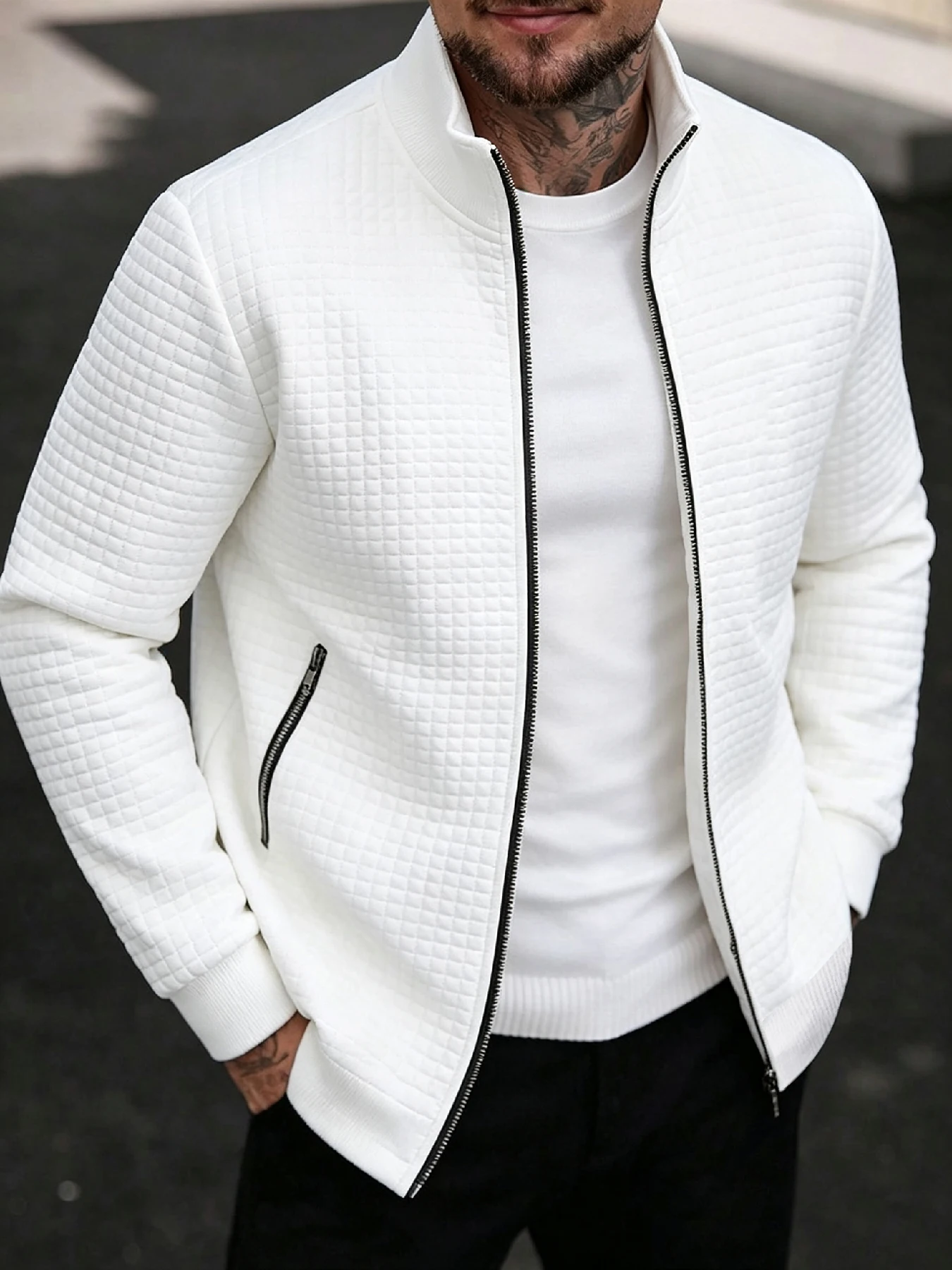 Men's Grid Stand Collar Zip Coat, Vintage Cleanfit Style, Quilted Waffle Fabric with Full Zipper Placket, Ribbed Cuffs & Hem Loo