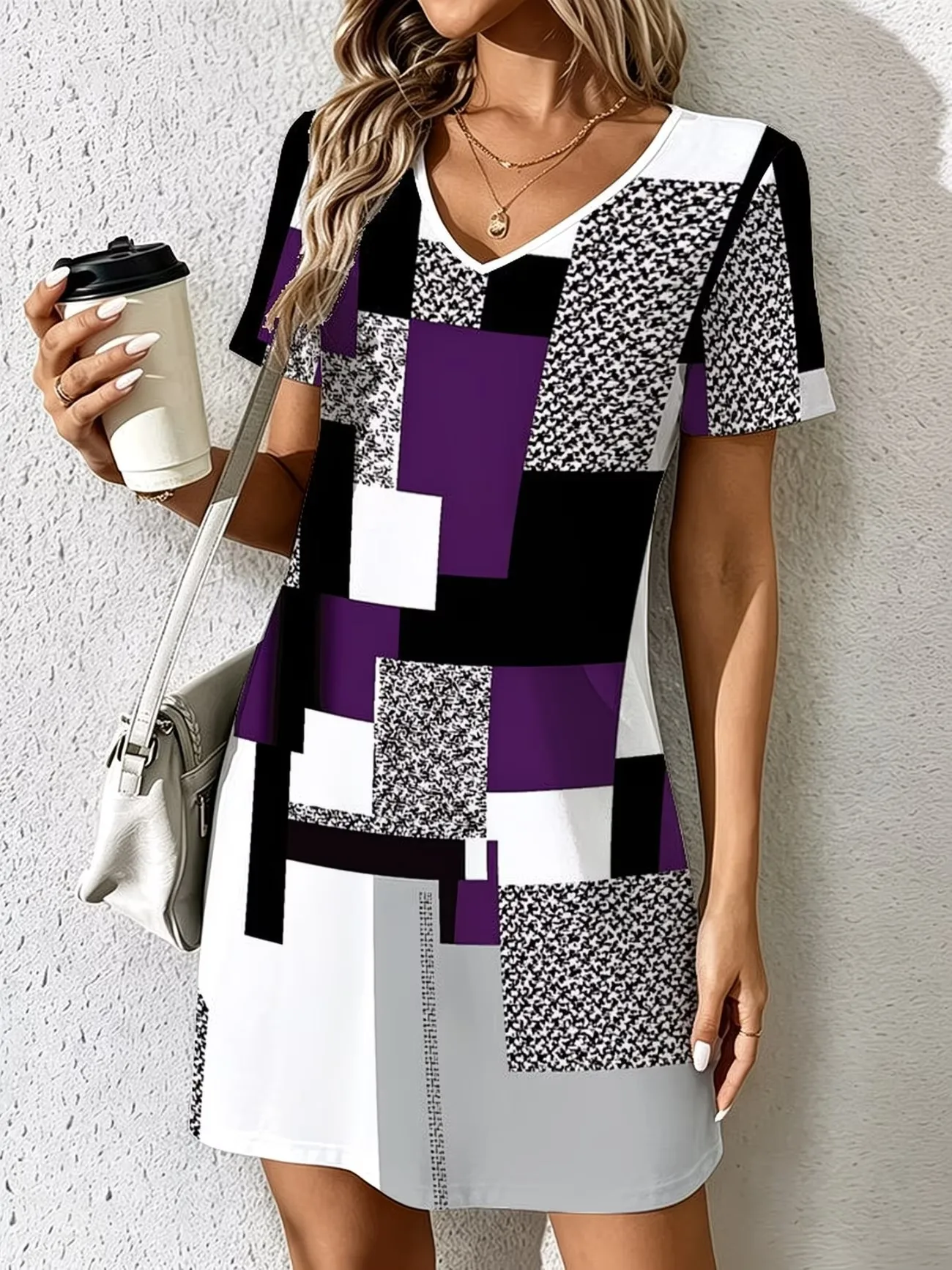 Ladies Summer V-Neck Short Sleeve Casual Dress Fashion Colorful Geometric Print Dress Elegant Women's Clothing