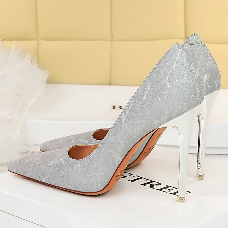 BIGTREE srebrne wesele Pointed Toe kobiety pompy wysokie obcasy 10.5cm czarne buty Nude Slip-On Bridal Estiletos Mujer