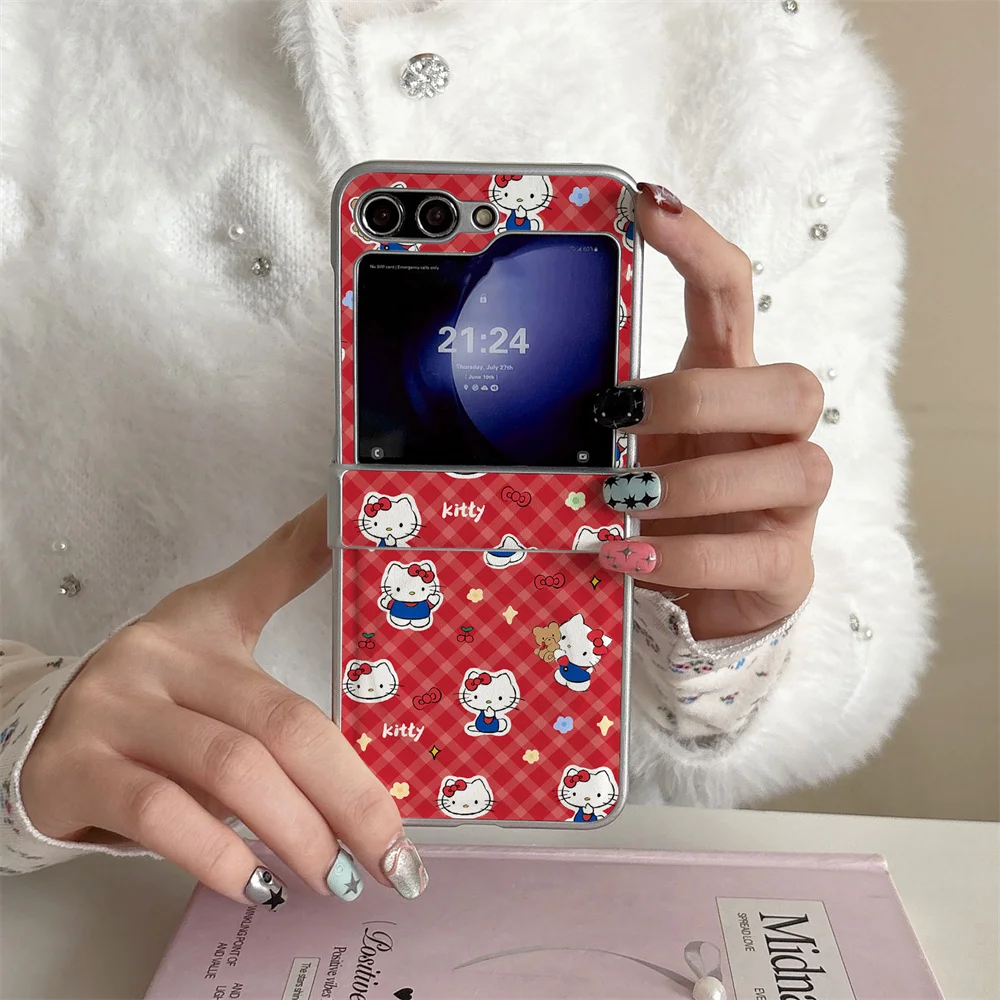 

New cute red checkered HelloKitty pu leather case suitable for Samsung Galaxy Z Flip 7/6/5/4 Flip 5 Flip 6 Flip 4 Fro magnetic v