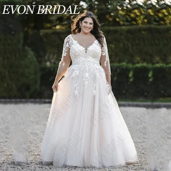 EVON BRIDAL 백리스 3/4 소매 웨딩 원피스 플러스 사이즈 아플리케 Tulle A 라인 V넥 베스티도 드 노비아 맞춤 제작 신부 가운EVON BRIDAL 오프숄더 3/4 소매 웨딩드레스 플러스 사이즈 패치 아사 A자 V넥 조끼 De Novia 맞춤 신부 드레스