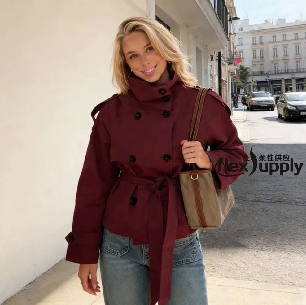 Long Sleeve Tie Belt Regular Length Edgy Street Belted Regular Sleeve Loose Fit Streetwear with Belt Lightweight Women Coat