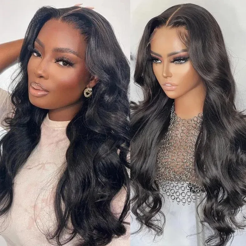Perruques avant de dentelle transparente HD cheveux humains pré plumés 250 densité brésilienne vague de corps perruques frontales cheveux humains noir naturel 42In