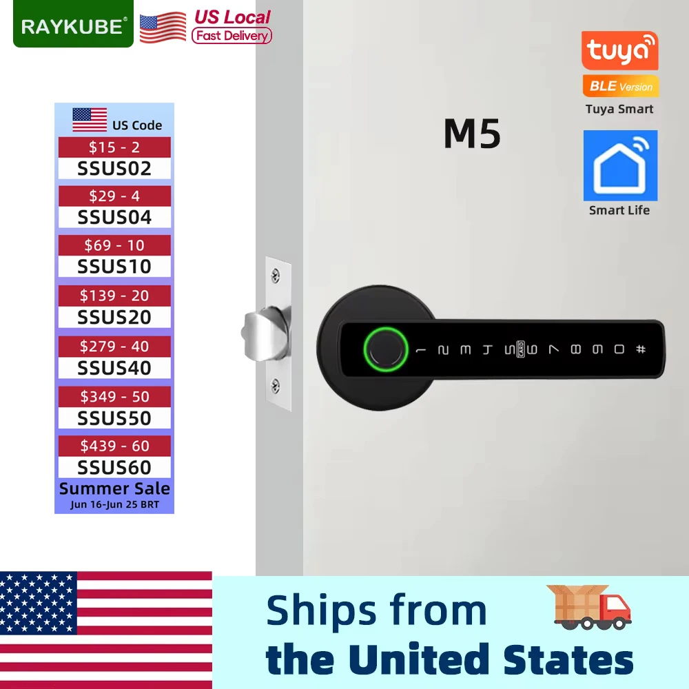 RAYKUBE US Free Delivery Tuya BLE Smart Fingerprint Door Lock Electronic Lock with Password/Key/Card...