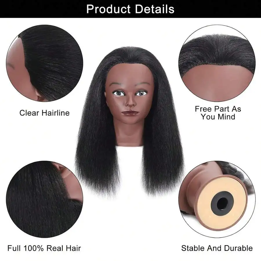 100% Real Hair Mannequin Head with 16' Human Hair for Hairdresser Training Practice Professional Cosmetology Headdoll With Stand