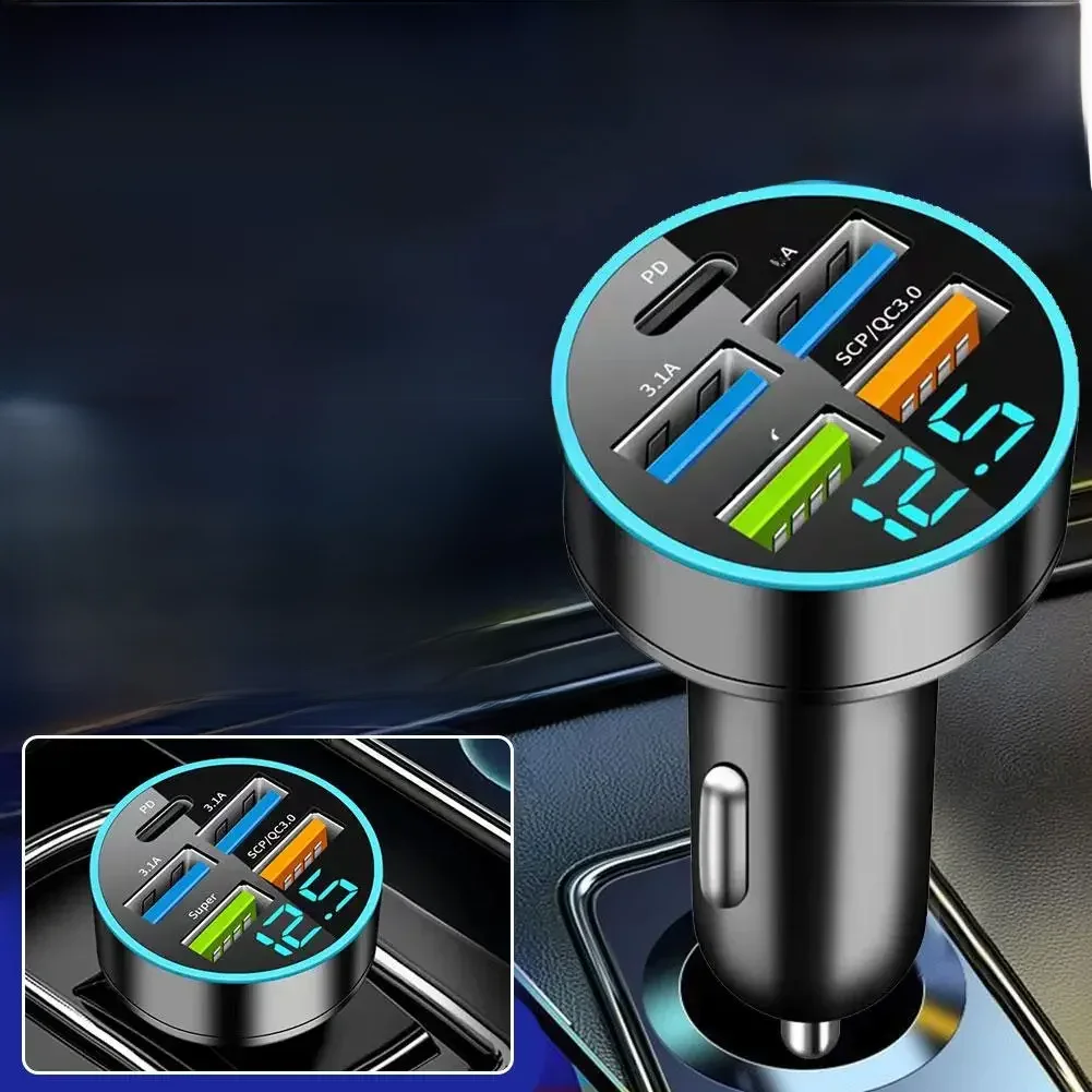 Chargeur de voiture PD 250W QC3.0, Charge rapide d'un à Six prises allume-cigare de voiture, 5 ports, Charge Flash avec affichage numérique