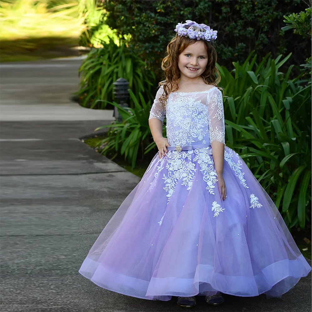 

Flower Girl Dresses Long Formal Bridesmaid Lace Applique Children Costume Princess Party Clothes Wedding Evening Vestidos