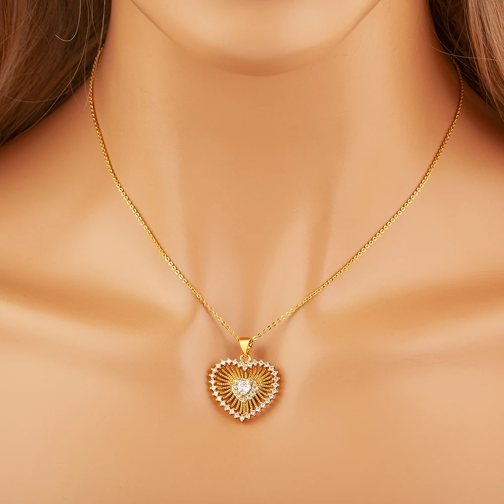 Nidin New Retro Love Heart Shape Shine Zircon Fine Pendant Necklace Earrings For Women Vintage Jewelry Sets Accessories Gifts