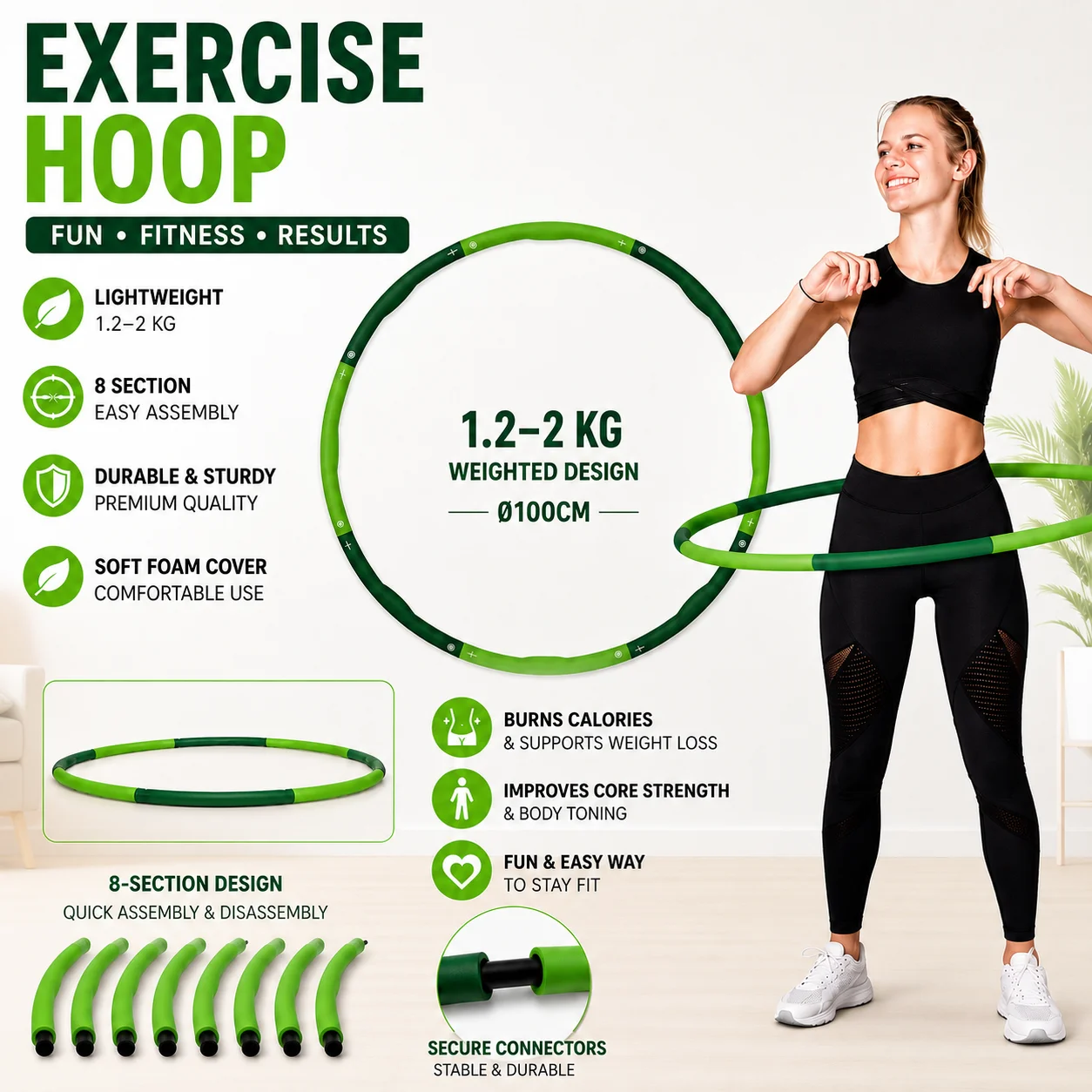 Cerceau de hula hoop lesté pour adultes, cerceau de fitness rembourré en mousse de 1,2 à 2 kg, cerceau d'exercice détachable en 8 sections, cerceau d'entraînement de la taille Ø100 cm pour entraînement à domicile et perte de poids