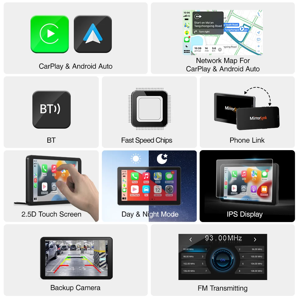 Central Multimidia Portatil 7 polegadas com suporte a Carplay / Android Auto sem fio, entrada SD CARD e AUX - NAVPRO