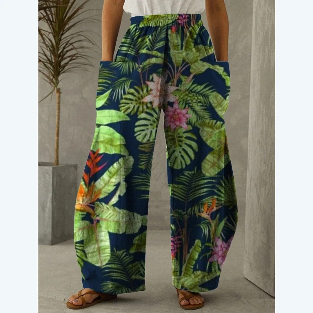 Women's Slim Elastic Waistband With Slanted Pockets, Wide Leg Pants, Plant Printed High Waisted Pants, Summer Women's Clothing