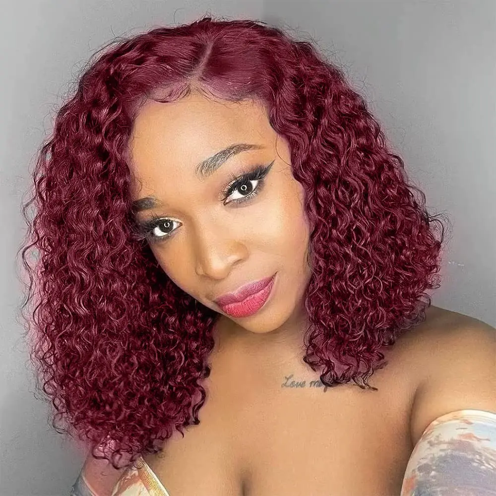 

Side Part 99J Burgundy Short Deep Curly Bob Wig Human Hair Red Brazilian Virgin Human Hair for Black Women Pre Plucked with 180%