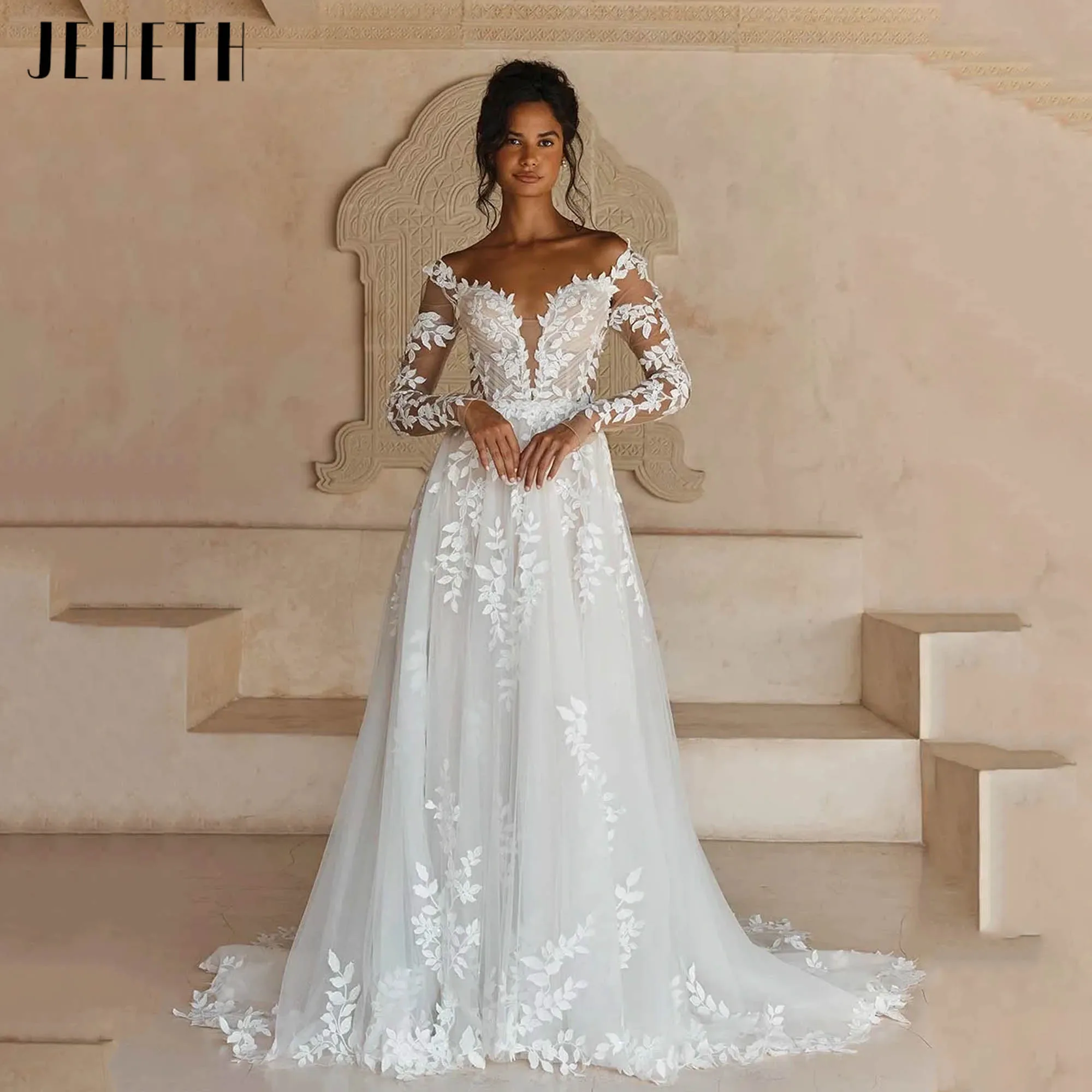 

JEHETH Boat Neck Wedding Dress Luxury 2025 A-line Long Sleeves Romantic Bridal Gown Tulle Appliques vestidos de novia Customized