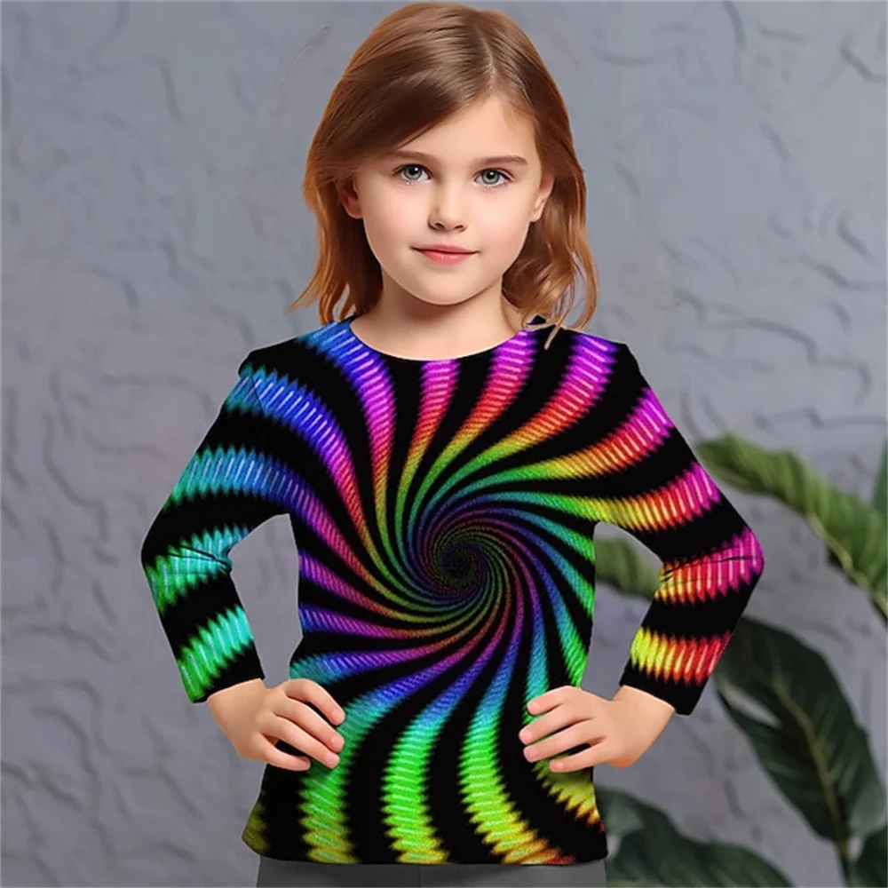 Girl Clothing Vortex Colorful Polyester Teenagers Girls Clothes Outdoor For Kids Autumn One Piece T Shirt Long Sleeve Tee Shirt