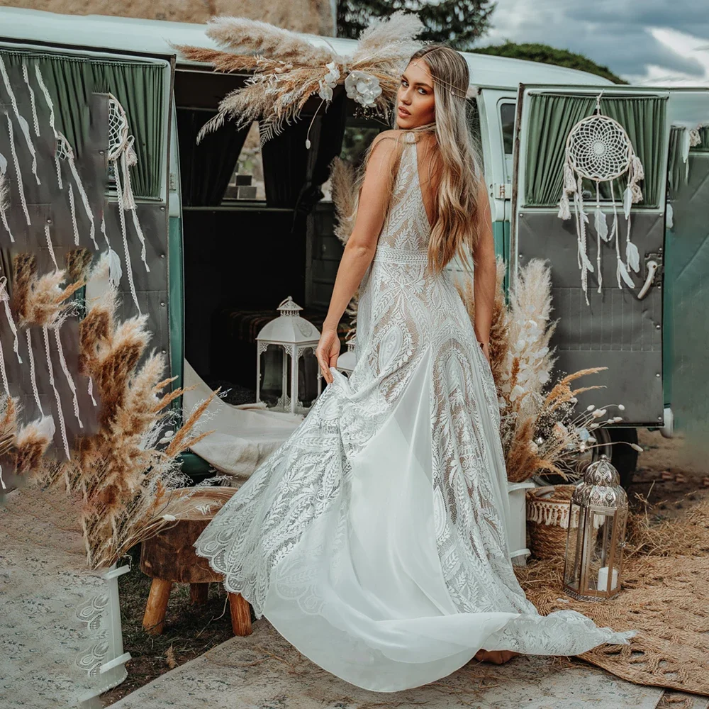 Lakshmigown Spitzen-Chiffon Boho A-Linien-Hochzeitskleid Hippie-Spitze V-Ausschnitt Ärmellos Rückenfreies Strand-Elopement-Brautkleid Maßanfertigung – Detail 9