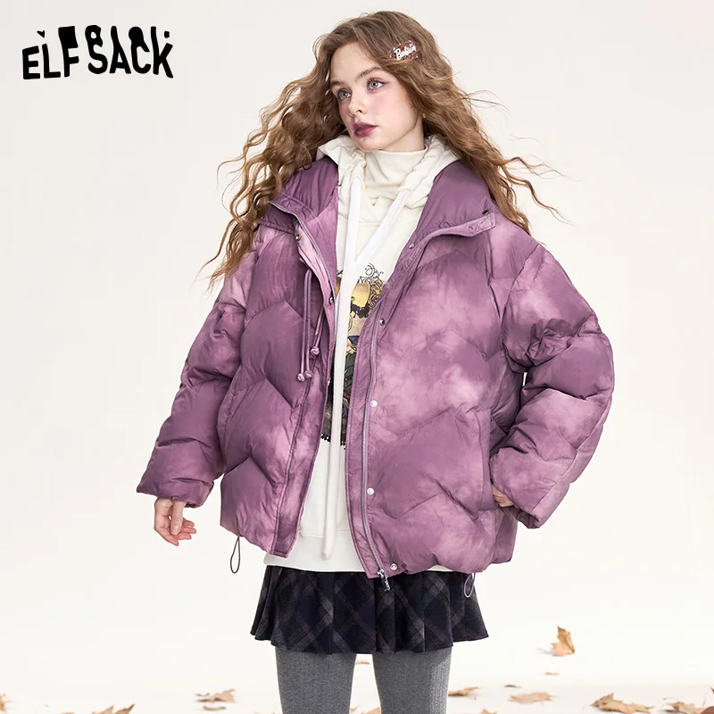 ELFSACK 2024 Winter New Arrivals Retro gradient purple frog design short down jacket for women