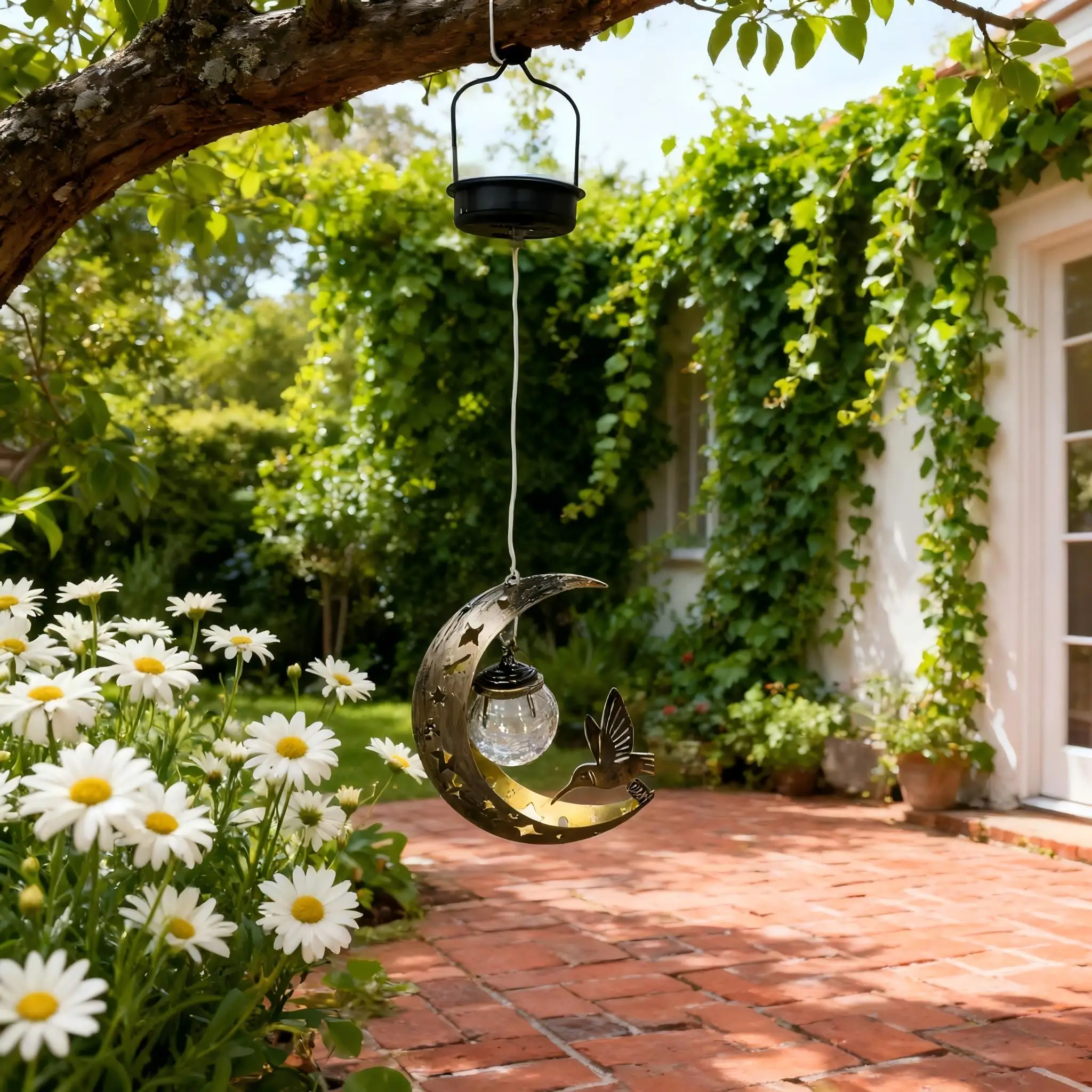 

Лунный фонарь на солнечной энергии с птицей-колипкой и украшениями из стеклянного шара, подходящий для наружного украшения сада и праздники.