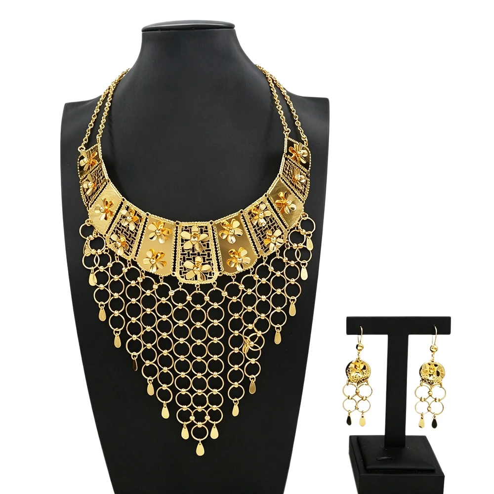 Luxury Dubai Jewelry Set Gold Plated Hollow Flower Tassel Necklace Earrings for Women African Wedding Gift