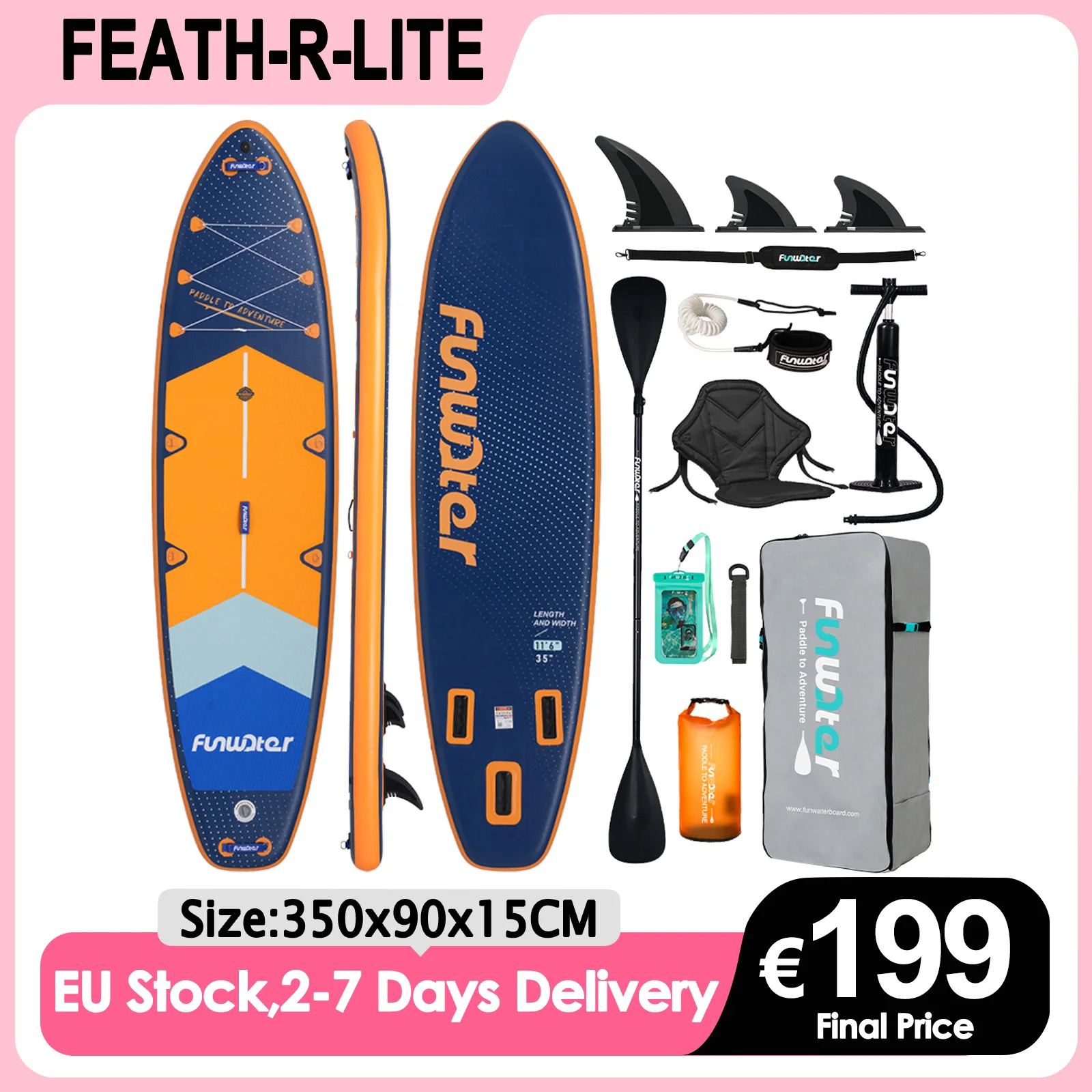 Tabla de paddle surf inflable Feath-R-Lite de 350x90x15cm, extra ancha, estable, para principiantes y adultos, con superficie antideslizante y accesorios completos incluidos.