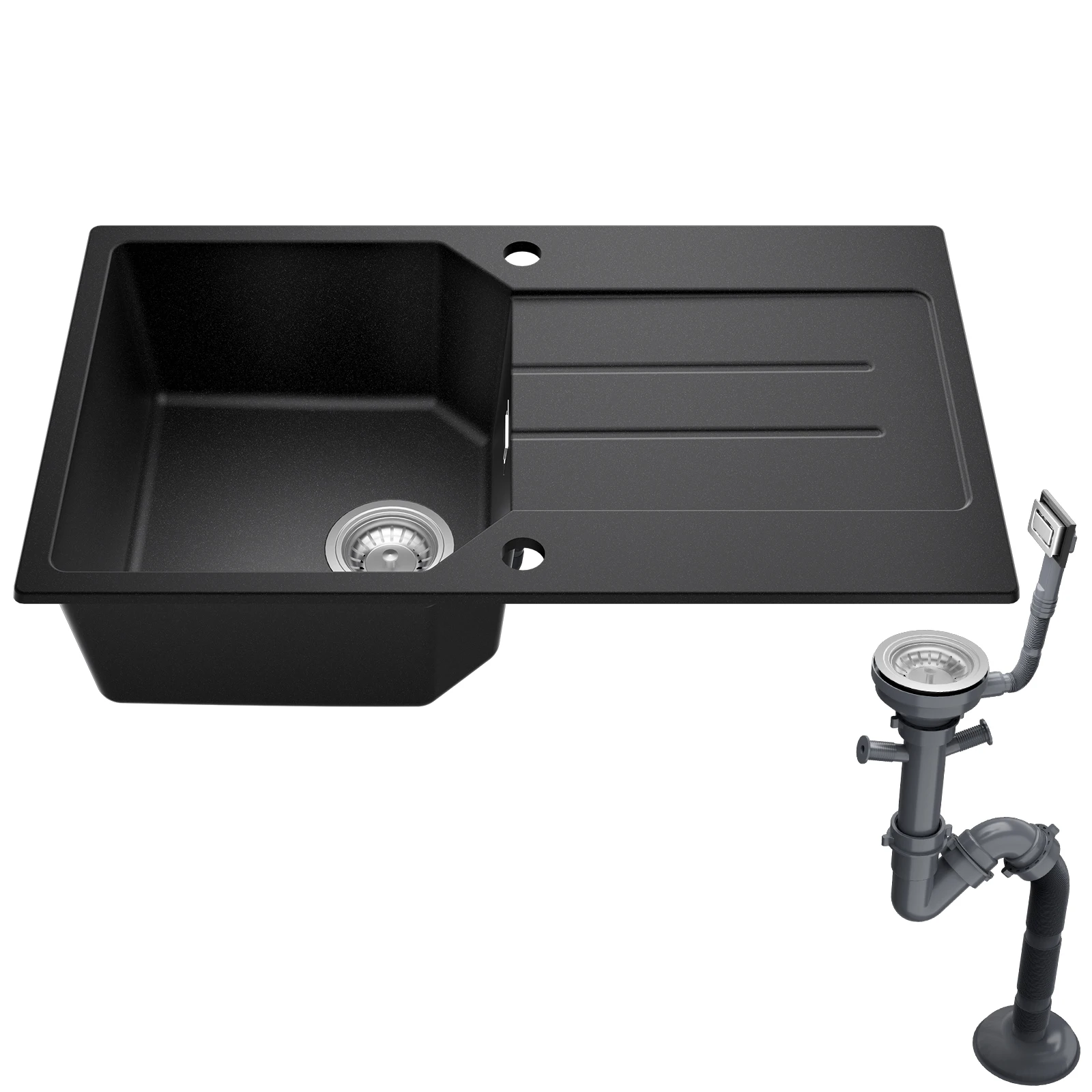 78 x 45 cm Küchenspüle Schwarz Quarzkomposit Steinspüle Einbauspüle mit Abtropffläche Hitzebeständig Steinstruktur Spülbecken für Moderne Küche und Wohnmobil mit Siphon und Abflussgarnitur Set