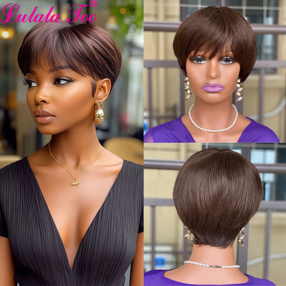 Color Brown Short Pixie Cut Wig Straight Human Hair Wigs With Bangs Brazilian Remy Hair Full Mahine Made Wigs Density 150%