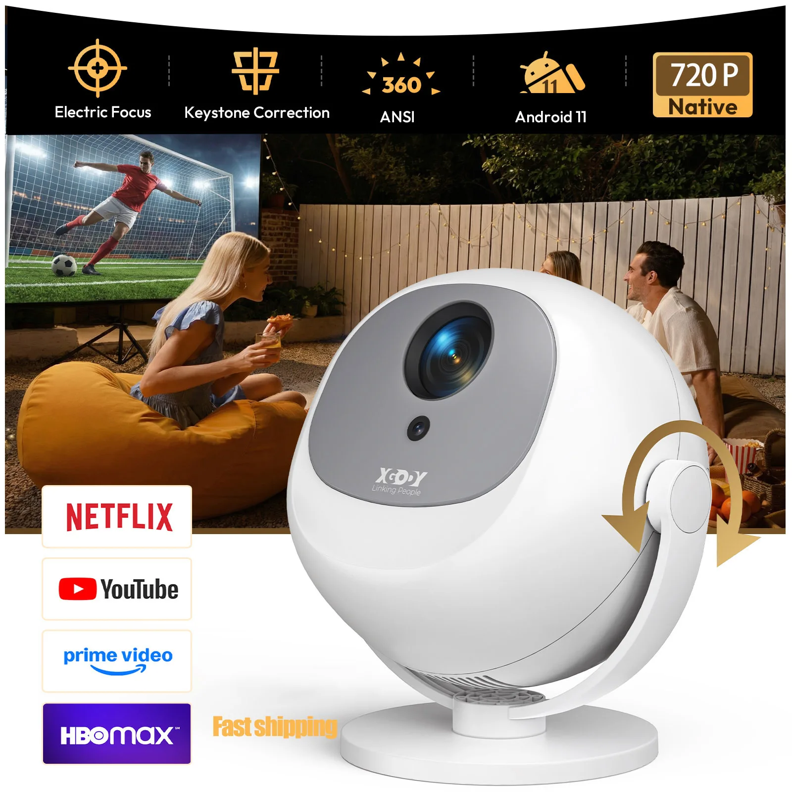 XGODY 4K Projektor 360ANSI Smart Android Kurzdistanz-Projektor mit elektrischer Fokussierung und Trapezkorrektur, Mini-Beamer, Wifi6, BT5.2, 2*3W Lautsprecher, Heimkino, Garten