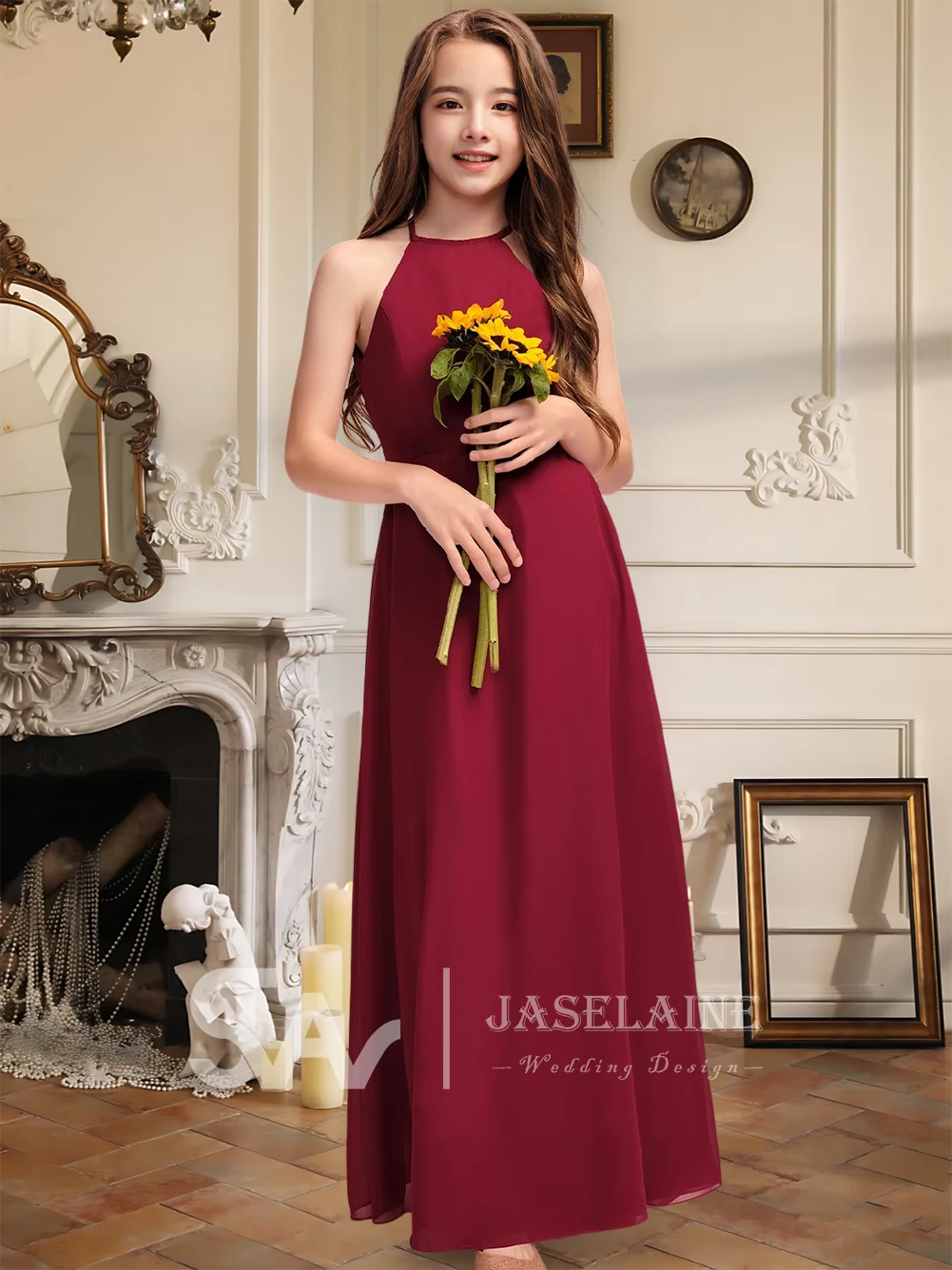 Elegant A-Line Halter Floor-Length Chiffon Junior Bridesmaid Dress Burgundy Flower Girl Dress For Girls Party Wedding Formal
