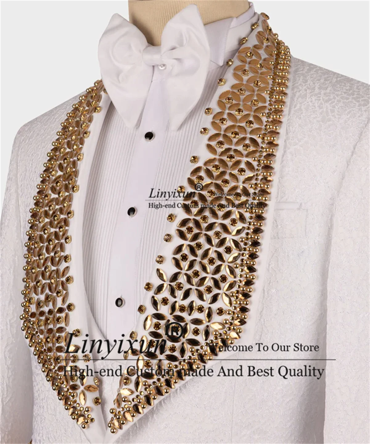 Gold Gem Stones White Tuxedo Luxury Beaded Men Suits Business Male Blazers 3 Pieces Sets Dinner Party Terno Masculino Completo