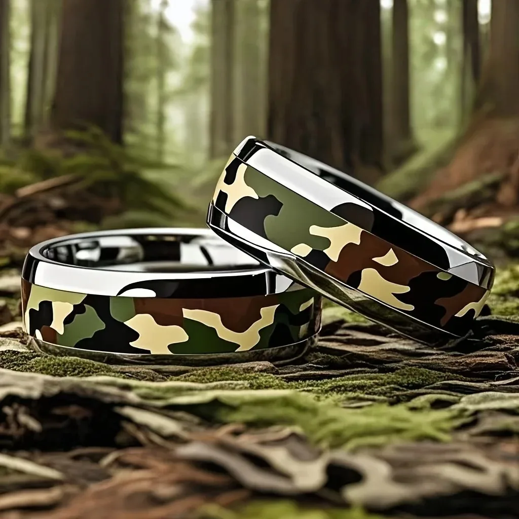 Cool 8mm Silver Color Camo Pattern Inlay Ring for Men