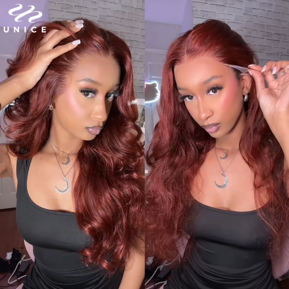 

Unice Pre Cut Pre Bleached Pre Plucked 7X5 13X4 Human Hair Lace Frontal Wig Reddish Brown Body Wave Glueless Wig Ready To Wear