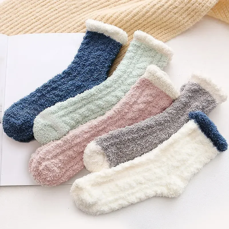 5 paires de chaussettes épaisses en molleton de corail pour femmes, manches moyennes, confortables et chaudes, chaussettes d'hiver, chaussettes de sol