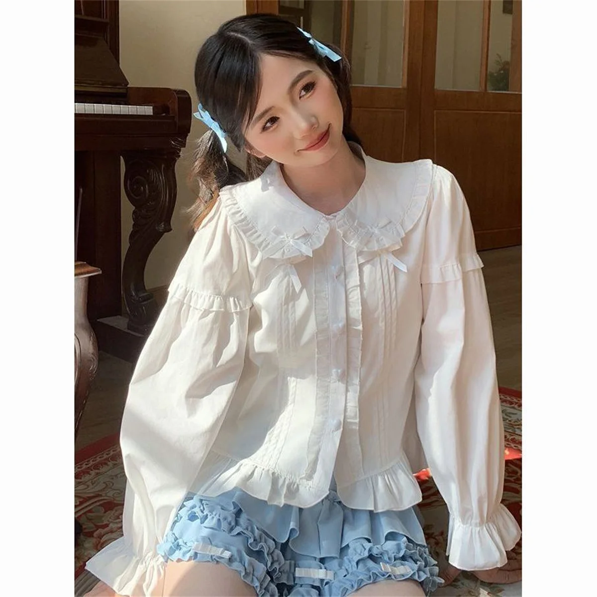 Lolita Shirt White Elegant Women Preppy Style Blouses Cute Peter Pan Collar Lace Ruffle JK Shirts Girls Long Sleeve Blusas Mujer
