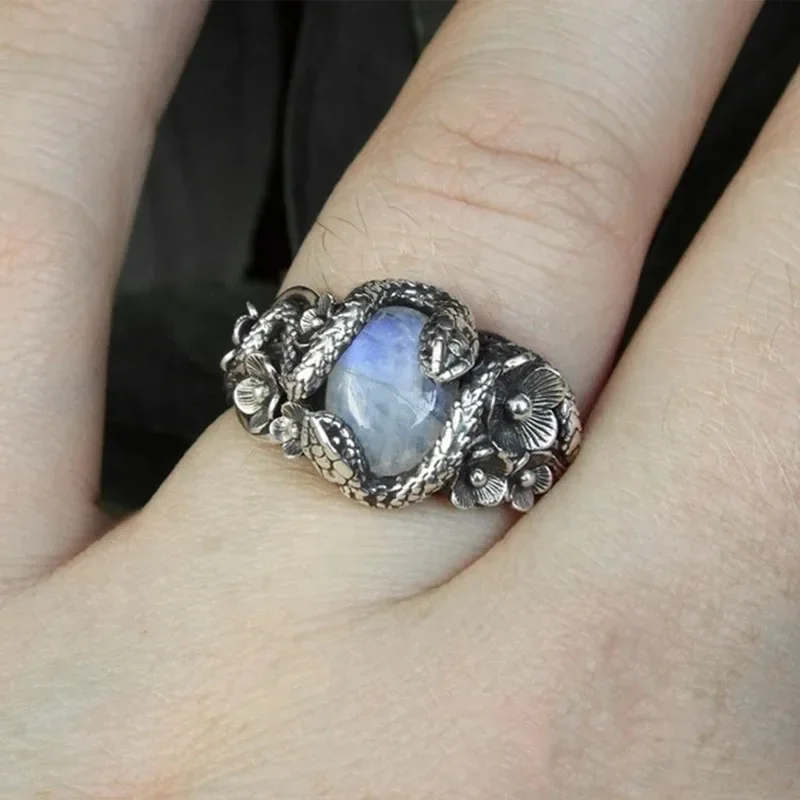 Retro-Stil Schlange Zweig Blume Mondstein Ring Mode Frauen Bankett Party Schmuck Geschenke