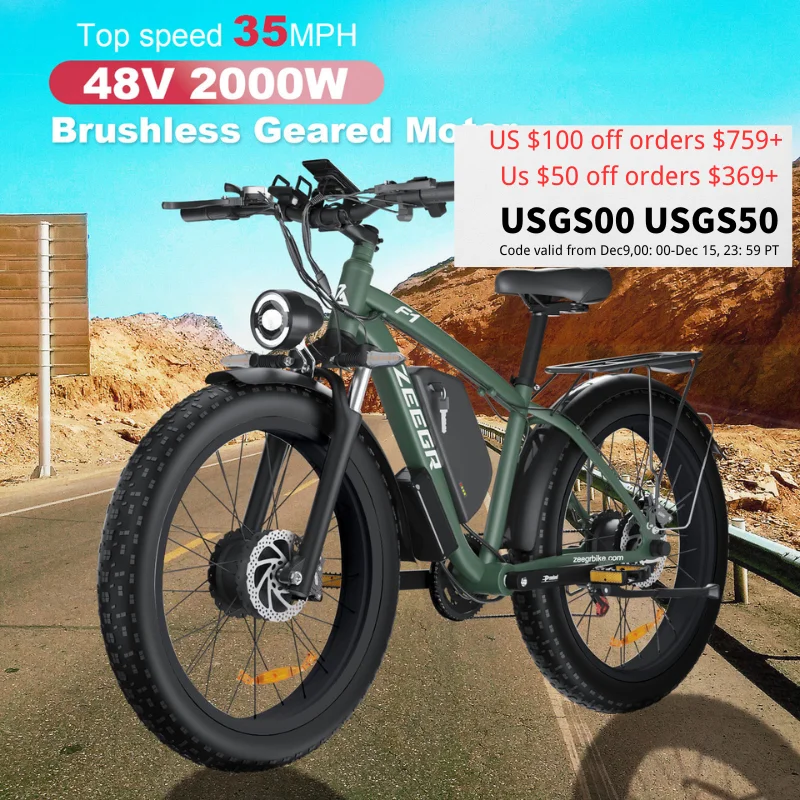 Zgeer F1 48v 2000w ebike full suspension power bicycle with ce 26 inch fat tire hidden dual battery snow beach electric  bike