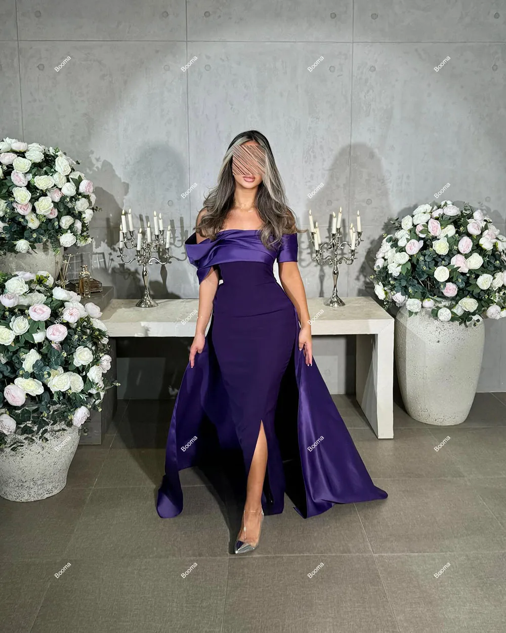 Booma Elegant Mermaid Evening Dresses Off Shoulder Pleats Formal Party Gowns with Train Side Slit Prom Dresses Dubai Customized