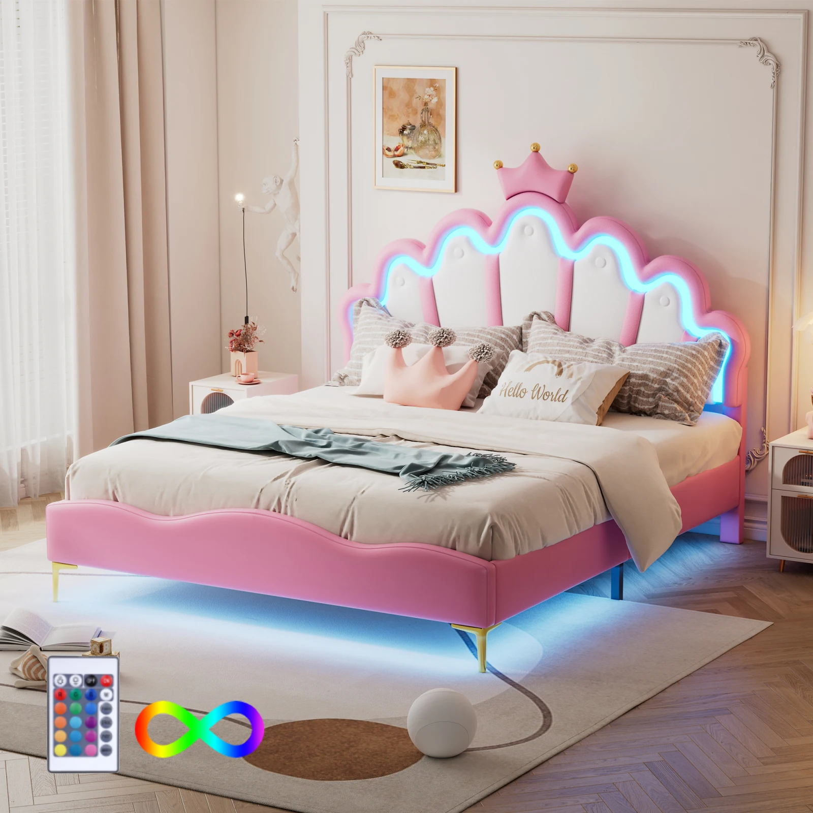 140*200cm Flat double bed,crown-shaped princess bed, soft PU leather upholstery, pink