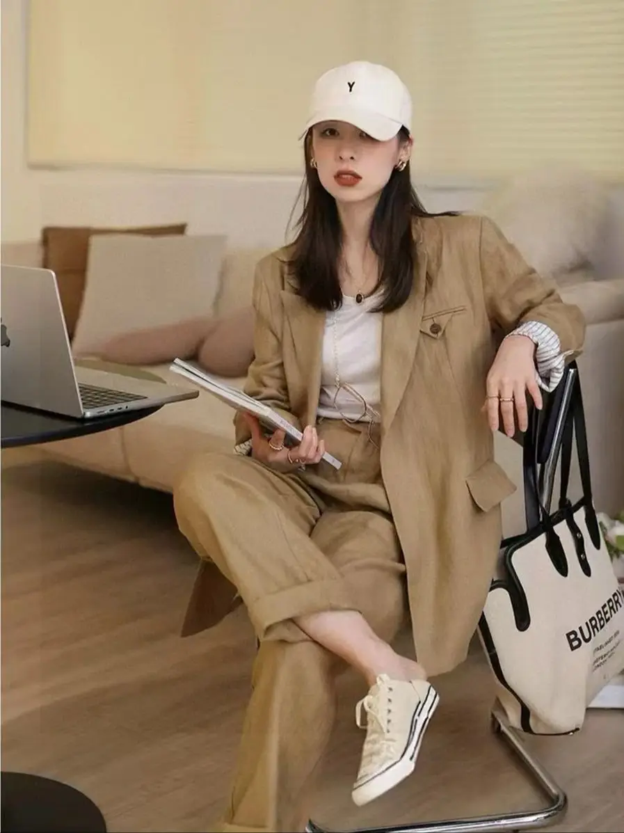 

Autumn women's minimal stylish solid color linen pants suit