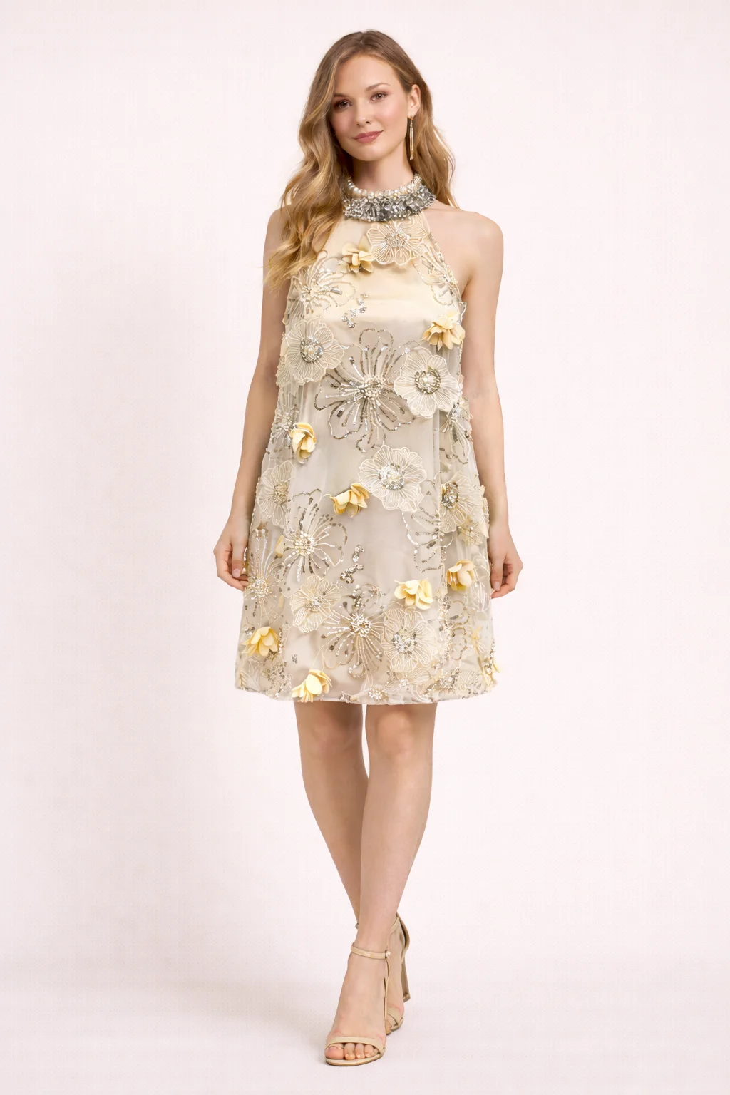 

Роскошное 3D-платье с цветочным узором и вырезом халтер для женщин, лето 2025, бежевое, с пайетками и кружевом, мини-платье для коктейльных вечеринок