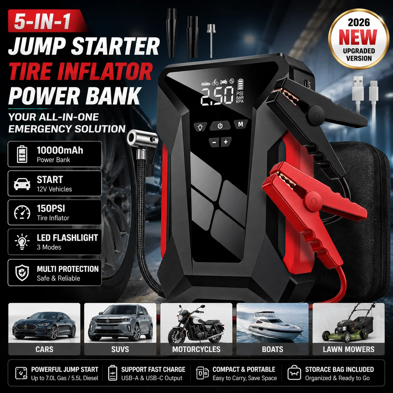Arrancador de Coches con Inflador de Neumáticos de 150 PSI, Bomba de Aire Multifuncional Portátil, Banco de Energía de Emergencia con Bolsa de Almacenamiento