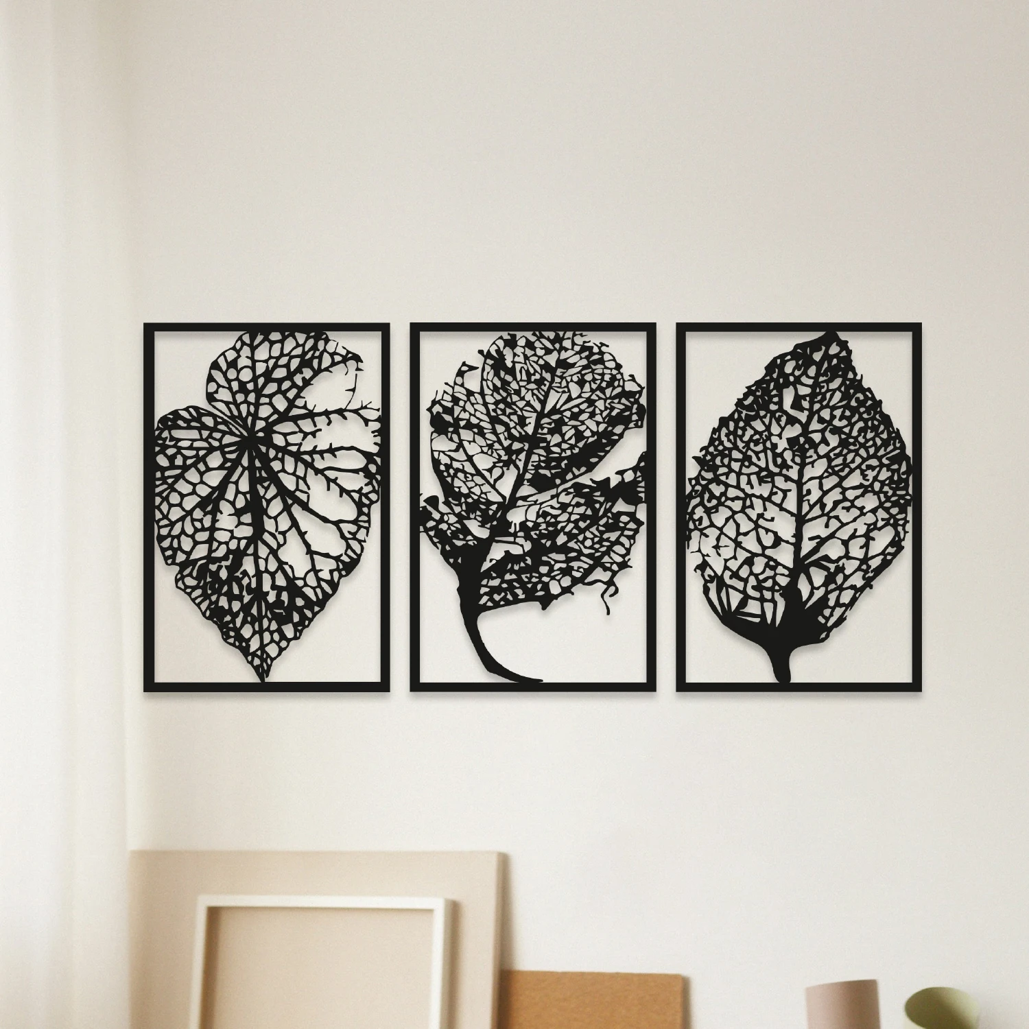 Wooden Wall Decor 3 Pieces Black Leaf Scandinavian Style Modern Painting Wall Hanging Luxury Living Room Bedroom Home Decor