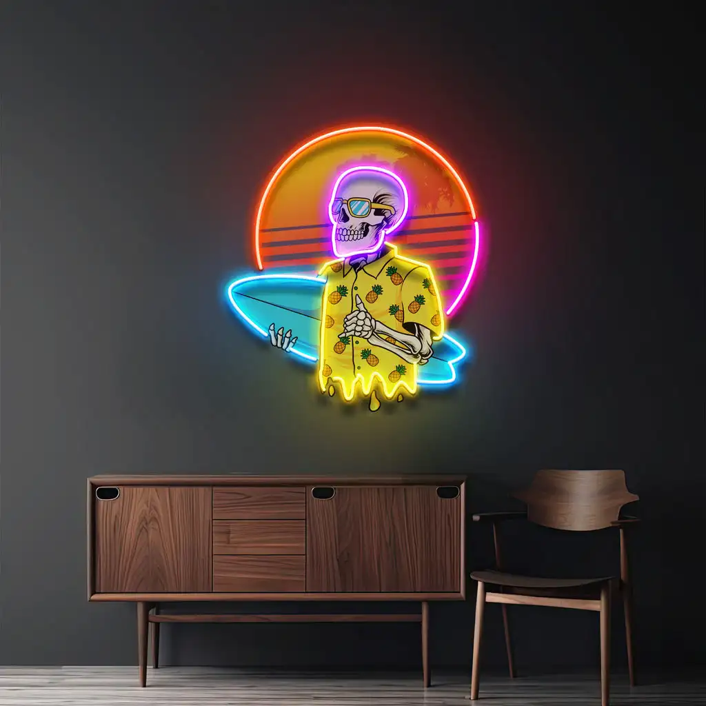 Summer Skull Neon Sign Wall Art Decor Bar Beer Club UV Print Sign Anime Bedroom Neon for Teens Game Room Sign Personalized Gift