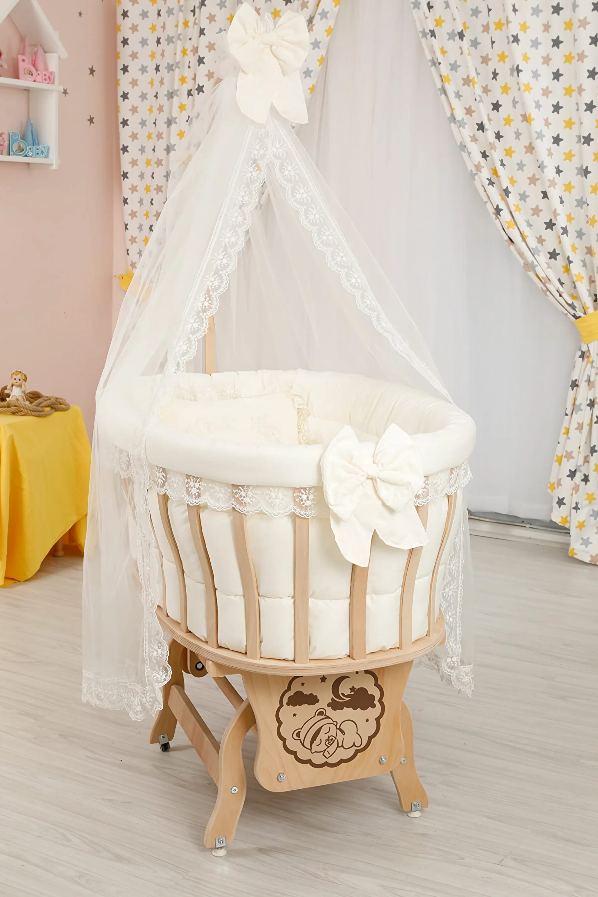 Cream French lace Sleep Set With Natural Wood Basket Cradle 0-12 Months Babies For Rocking Cradle 100 Fabric Sleep seti