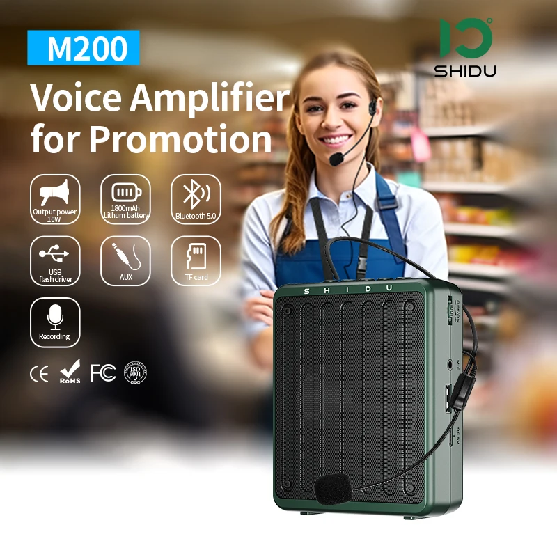 

SHIDU Portable M200 Wired Bluetooth Amplifier 10W Ideal for Teachers and Tour Guides, Featuring Recording and Bluetooth Playback