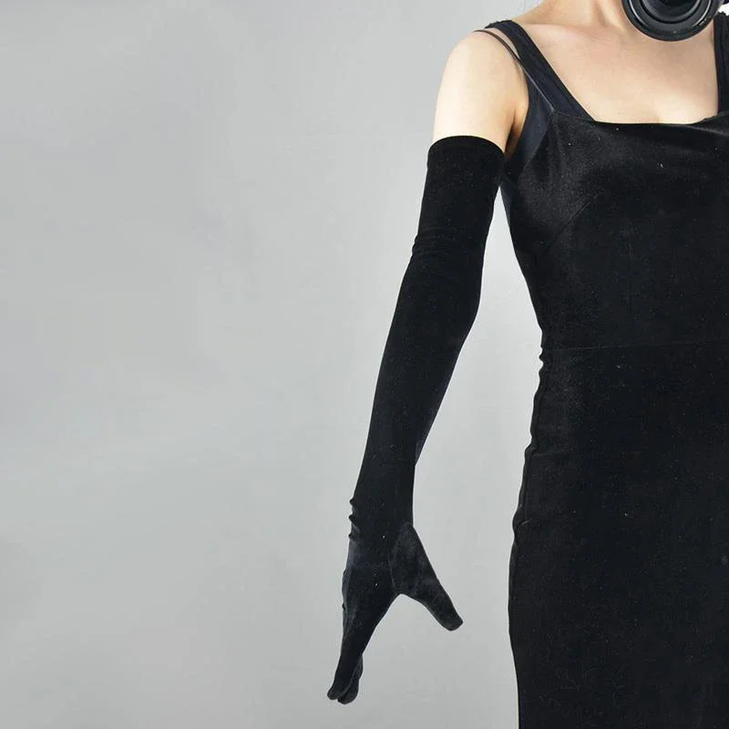 Robe de soirée longue en velours doré pour femmes, 53CM, noir chaud, gants d'étiquette, Style rétro, accessoires de Banquet, élasticité, automne hiver
