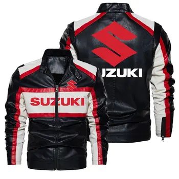 Suzuki leather jacket, high collar, zipper design, color blocking, windproof motorcycle leather jacket, men's clothing
