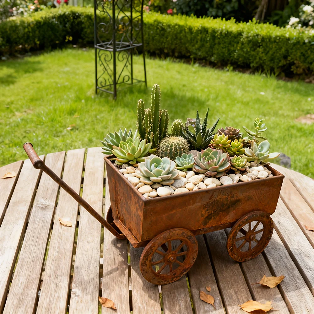Rustikaler Vierrad-Handwagen-Pflanzkasten, Eisen-Blumenwagen im Landhausstil mit Rädern, Griffen und Drainagelöchern, Dekorativer Pflanzständer für Innen- und Außenbereich, Geeignet für Terrassen und