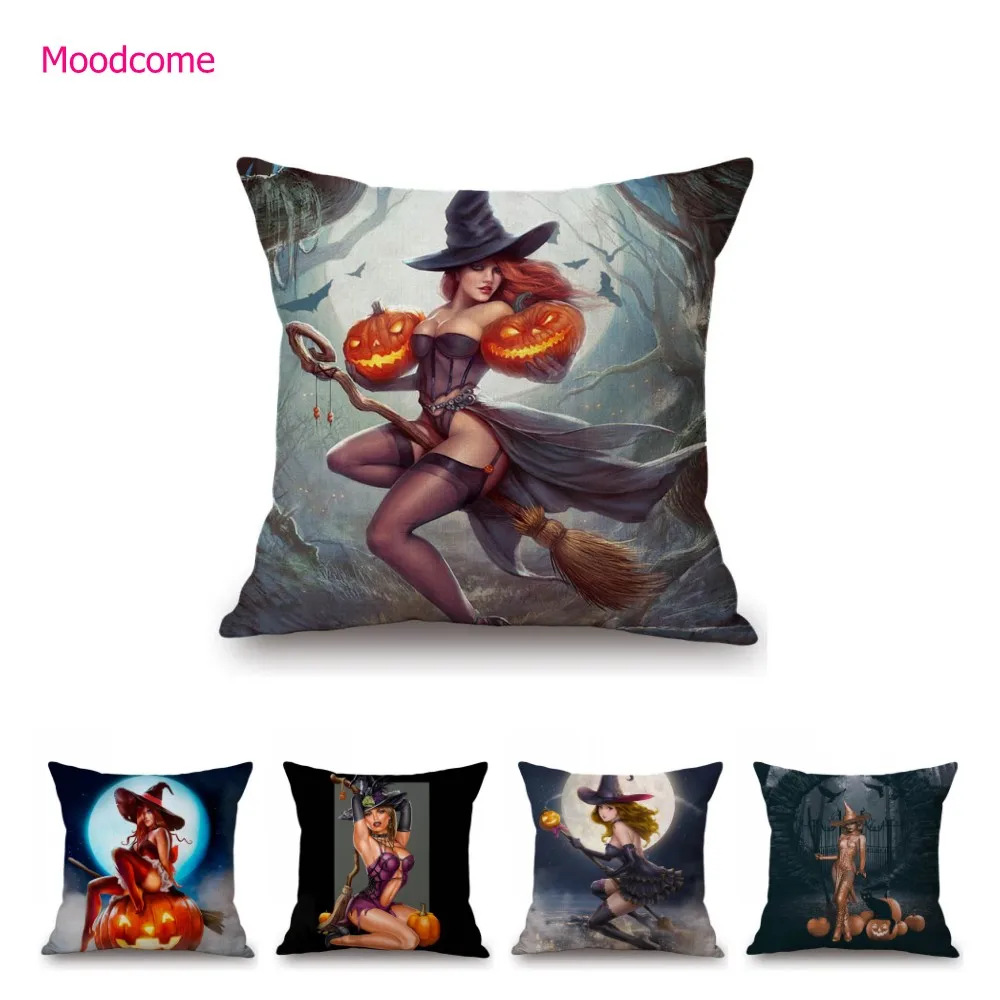

Halloween Decoration Sexy Witch Dark Full Moon Wizard Print Cotton Linen Chair Seat Cushion Cover Decorative Throw Pillow Case