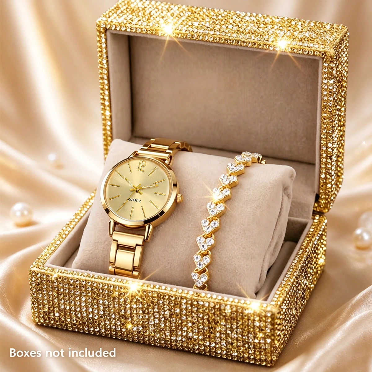 2-Piece Set, Elegant and Compact Small Gold Watch Paired with a Heart Bracelet, Suitable for Daily Wear, Birthday Gifts, Valentine's Day/Christmas Gifts, Minimalist Digital Watch, Quartz Movement.