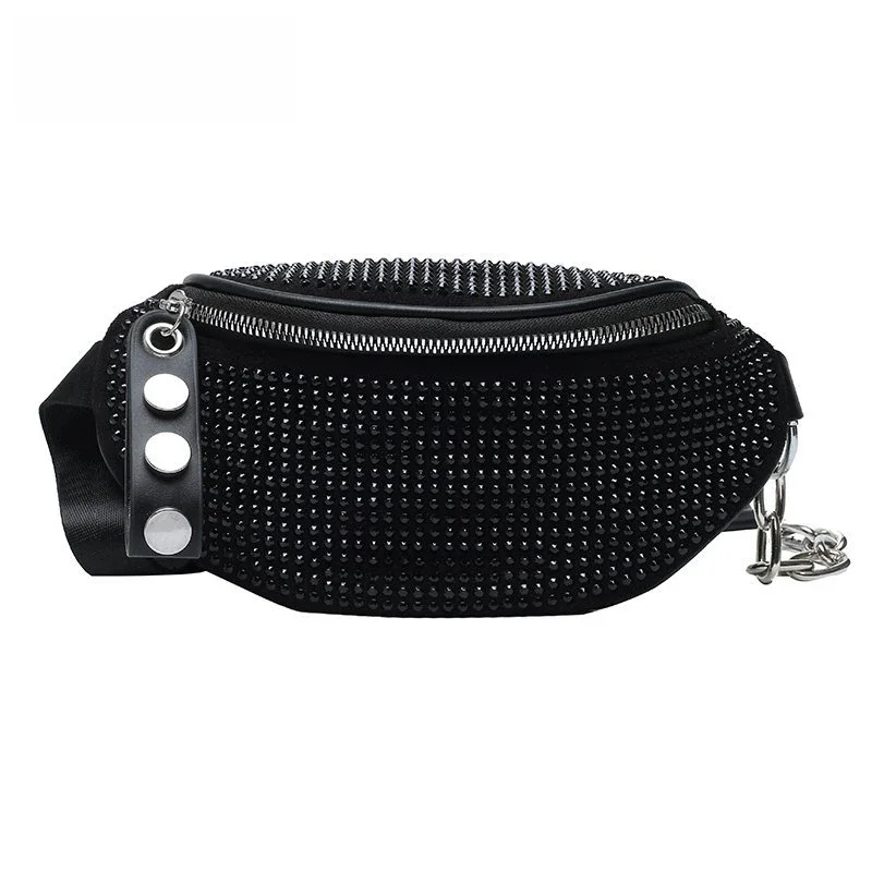JIEROTYX modne strasy damskie torebki w pasie Fanny paczki w klatce piersiowej saszetka biodrowa Travel Casual łańcuch damski pasek Punk saszetka na pasek — zdjęcie 2
