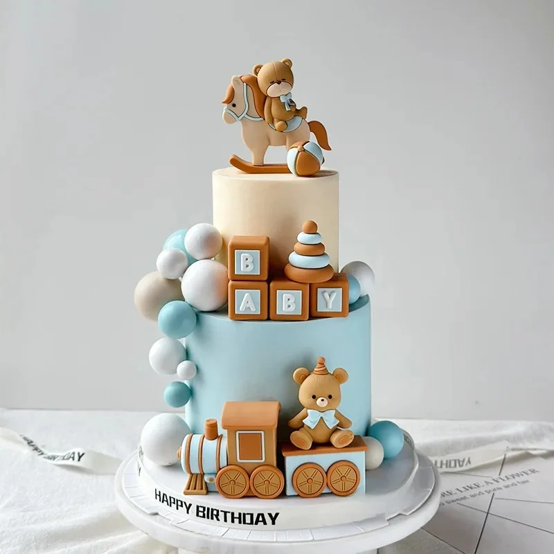 Blauer Zug Kuchen Topper Bär Kuchen Top Kutsche Wasserballons Regenbogen Turm Kuchen Dekorationen Junge Mädchen Babyparty Partyzubehör